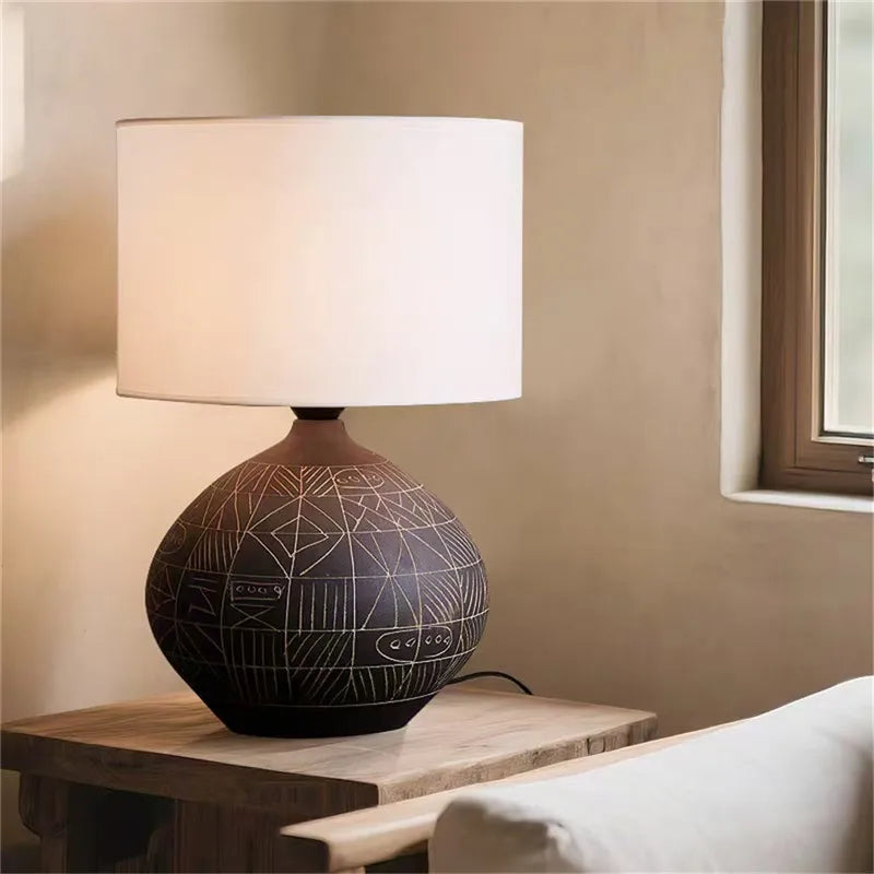 Modern Japanese Style Coarse Ceramic Table Lamp for Home Living Room Bedroom Bedside Decor Fabric LED Deck Light
