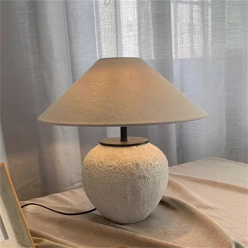Modern Japanese Style Coarse Ceramic Table Lamp for Home Living Room Bedroom Bedside Decor Fabric LED Deck Light