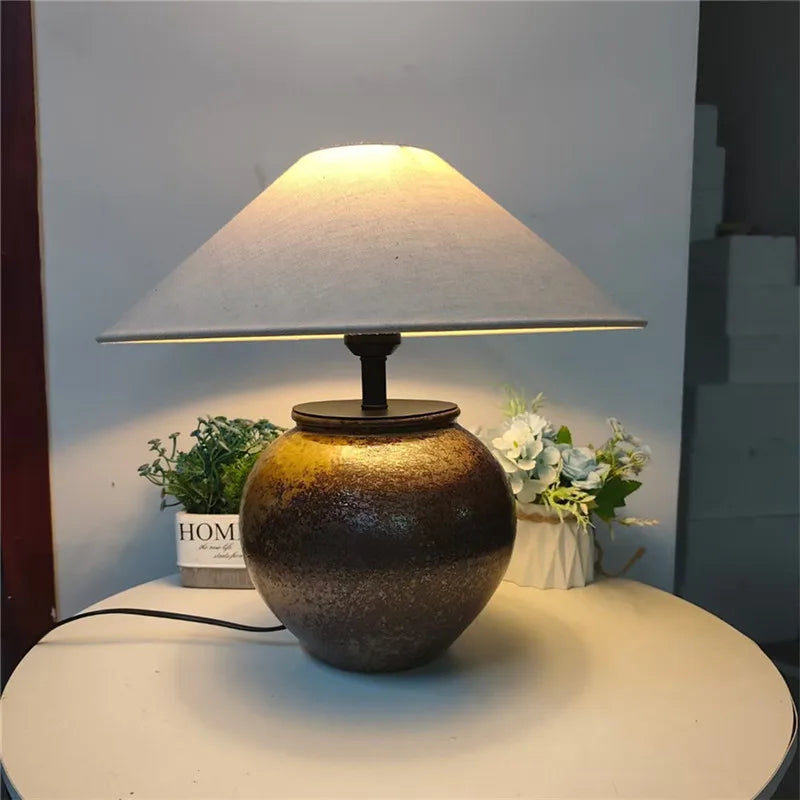 Modern Japanese Style Coarse Ceramic Table Lamp for Home Living Room Bedroom Bedside Decor Fabric LED Deck Light