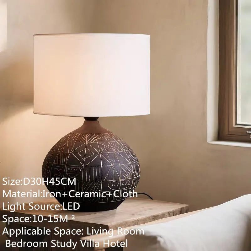 Modern Japanese Style Coarse Ceramic Table Lamp for Home Living Room Bedroom Bedside Decor Fabric LED Deck Light
