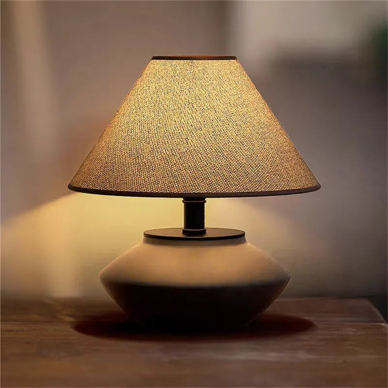 Modern Japanese Style Coarse Ceramic Table Lamp for Home Living Room Bedroom Bedside Decor Fabric LED Deck Light