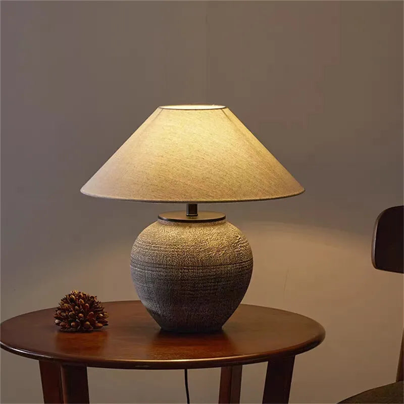 Modern Japanese Style Coarse Ceramic Table Lamp for Home Living Room Bedroom Bedside Decor Fabric LED Deck Light