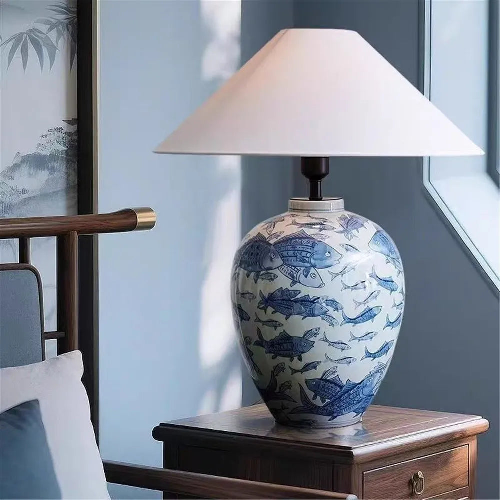 Contemporary Luxury Ceramic Table Lamp LED American Living Room Bedroom Study Villa LED Retro Creativity Bedside Desk Light