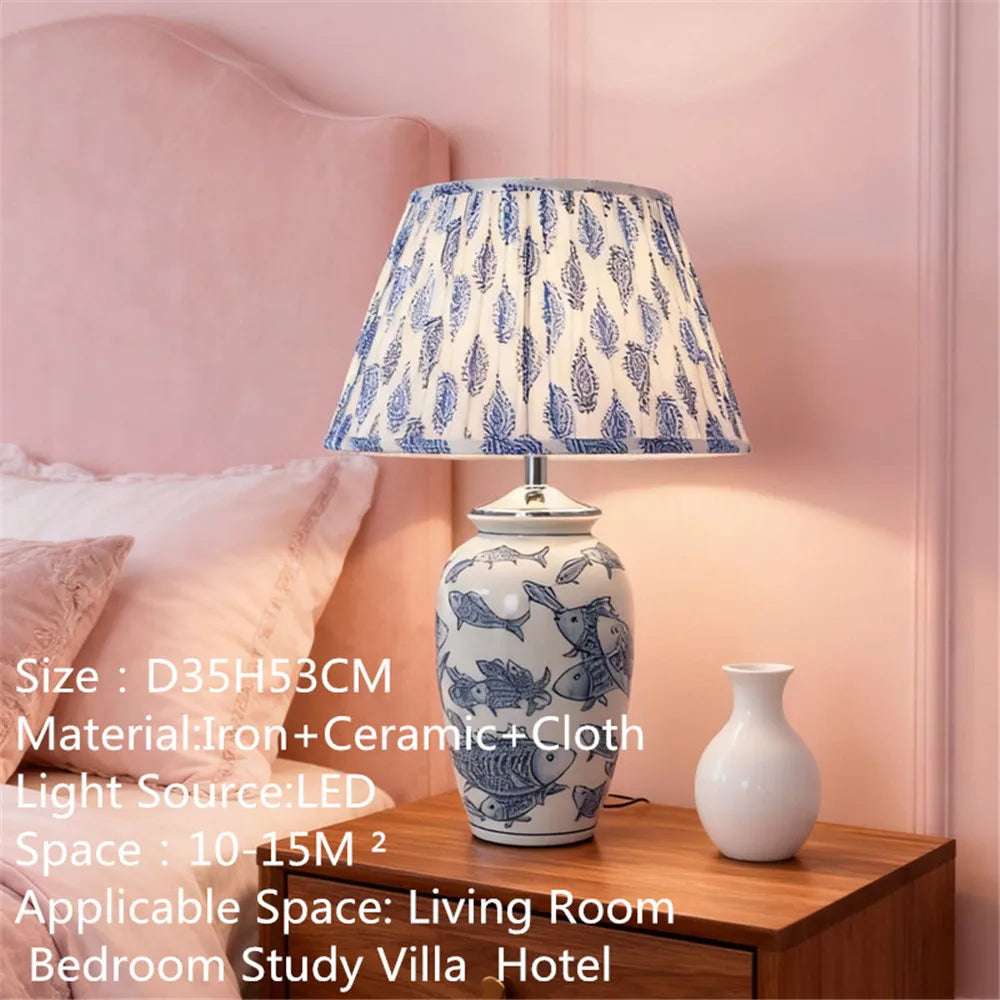 Contemporary Luxury Ceramic Table Lamp LED American Living Room Bedroom Study Villa LED Retro Creativity Bedside Desk Light