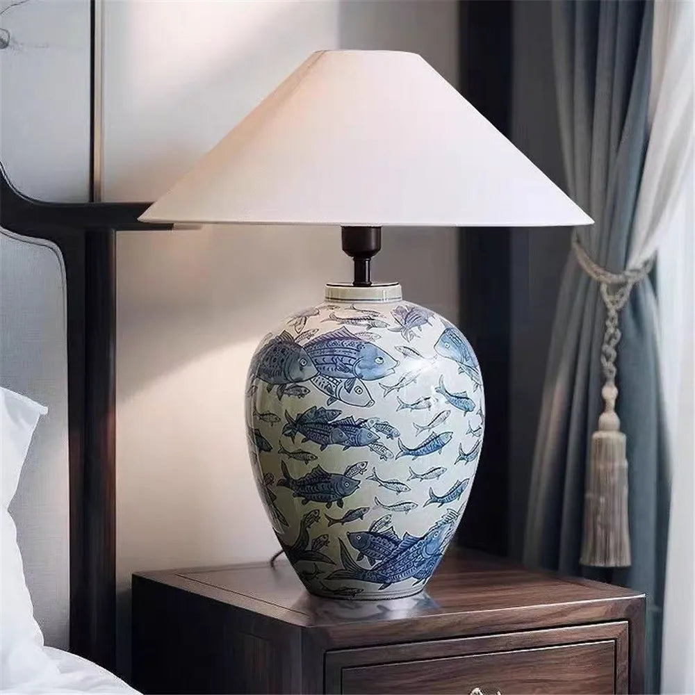 Contemporary Luxury Ceramic Table Lamp LED American Living Room Bedroom Study Villa LED Retro Creativity Bedside Desk Light