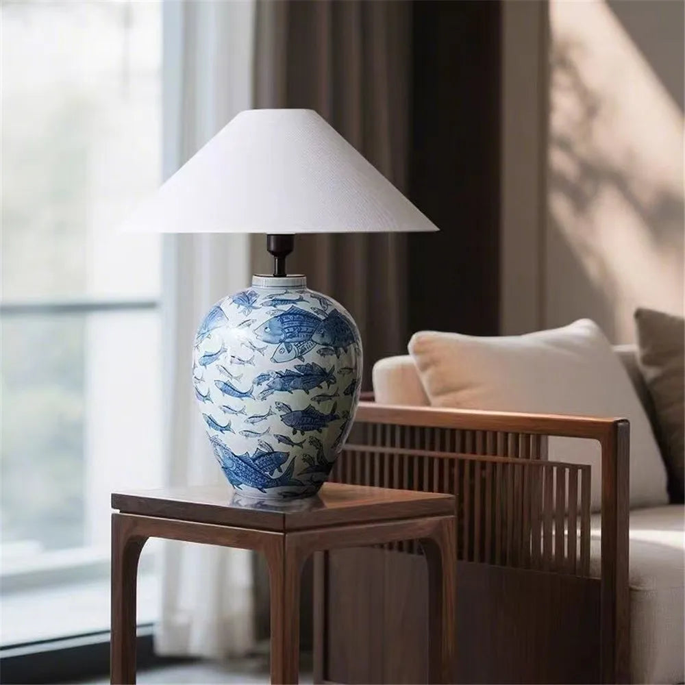 Contemporary Luxury Ceramic Table Lamp LED American Living Room Bedroom Study Villa LED Retro Creativity Bedside Desk Light