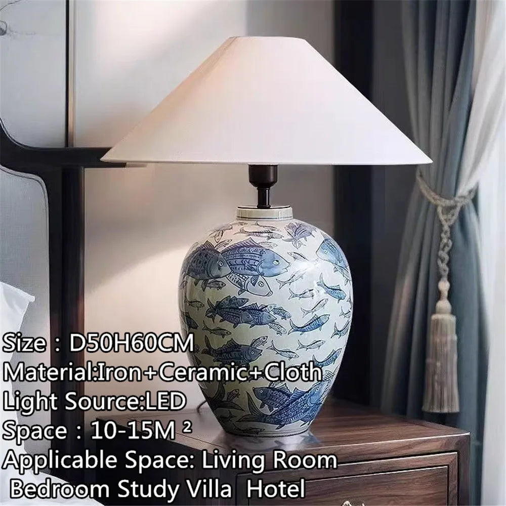 Contemporary Luxury Ceramic Table Lamp LED American Living Room Bedroom Study Villa LED Retro Creativity Bedside Desk Light